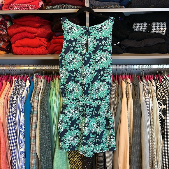 Splendid navy/green floral sleeveless cinch waist back button closure romper S - Picture 3 of 3